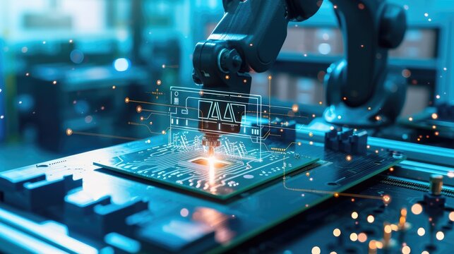 The chip embedded processor powers the AI robot arm as it meticulously follows its circuit-driven commands with precise accuracy.
