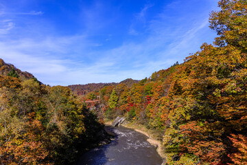 北海道夕張市、紅葉の滝の上公園と夕張川【10月】