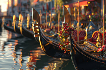 Render a scene of gondolas decorated for the parade, with a focus on the ornate decorations and the gondoliers in traditional attire, using a shallow depth of field to create a sense of intimacy. - obrazy, fototapety, plakaty