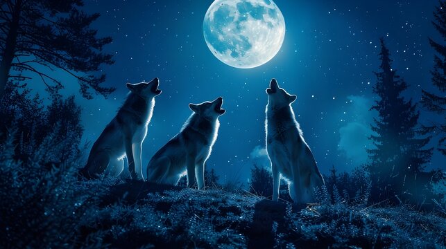Mystical Wolves Howling at the Moon on a Dark Night