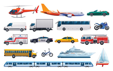 Set of vehicles. Collection of various kinds of transportation. Vector cartoon illustration