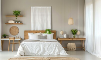 A cozy Scandinavian style bedroom with natural wood furniture