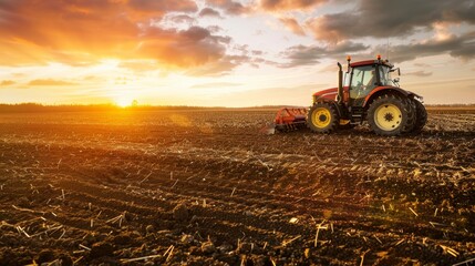 Obraz premium Agricultural workers with tractors. Ploughing a field with tractor at sunset