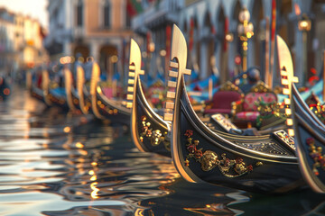 Render a scene of gondolas decorated for the parade, with a focus on the ornate decorations and the gondoliers in traditional attire, using a shallow depth of field to create a sense of intimacy.