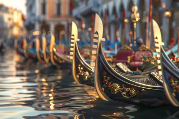 Tafelkleed Render a scene of gondolas decorated for the parade, with a focus on the ornate decorations and the gondoliers in traditional attire, using a shallow depth of field to create a sense of intimacy. © Kuo