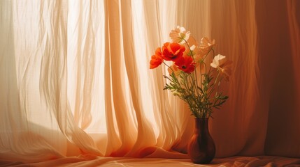 a vase filled with flowers sitting on top of a bed next to a window covered in a white drapes.