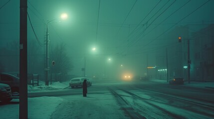 a person standing in the middle of a snow covered street at night with street lights and cars on the side of the road. - obrazy, fototapety, plakaty