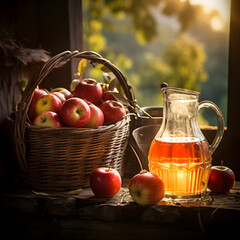 Autumn Splendor: A Rustic Scene of Freshly Made Apple Cider and Lush Red Apples