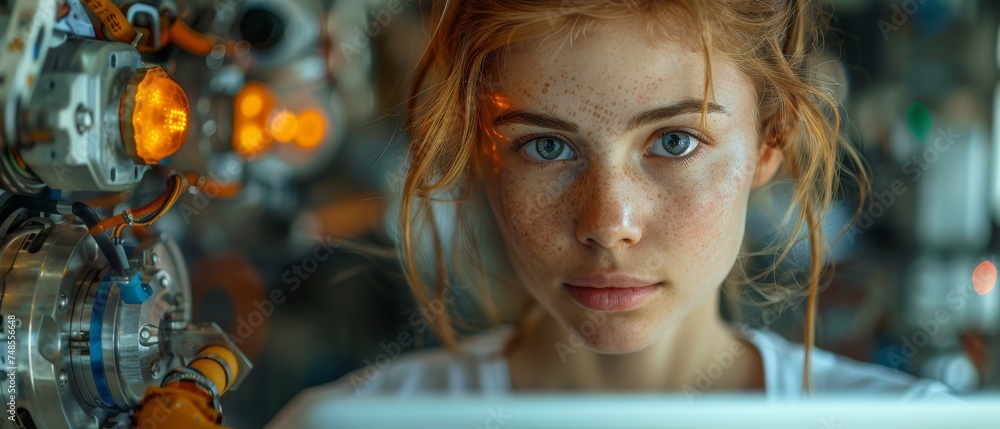 Fototapete Photograph of a young robotics engineer working with a laptop computer, analyzing robotic machine concept in a high technology factory. A female scientist manipulates the robot and programs it for