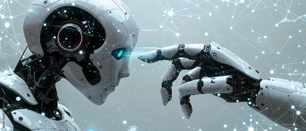 Aufkleber Machine learning, AI, Robotic hands touching a big data network background, Sci-Fi and artificial intelligence technology, innovation and futuristic.