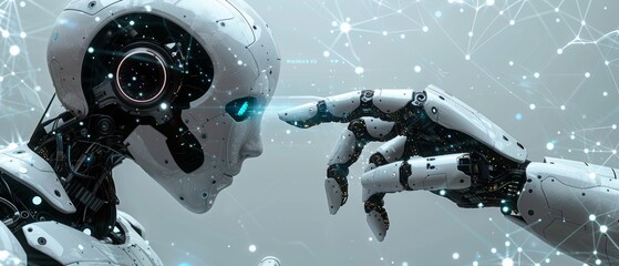 Machine learning, AI, Robotic hands touching a big data network background, Sci-Fi and artificial intelligence technology, innovation and futuristic.