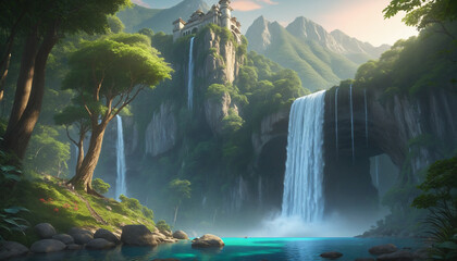 Fanciful waterfall scenery like a fairy tale world - obrazy, fototapety, plakaty