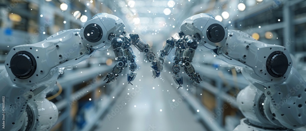 Poster industrial robotic arms for digital factory production technology showing automation manufacturing p