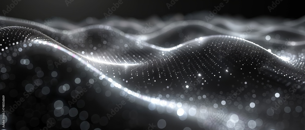 Poster A futuristic abstract illustration featuring dots and lines connected by low polygon shapes on a dark background. 3D rendering.
