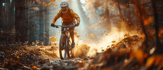Naklejka premium Mountain bike athlete man riding outdoors lifestyle trail in extreme conditions