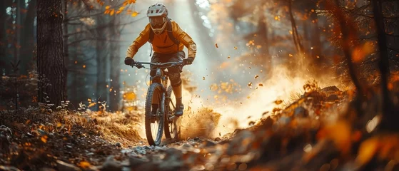Türaufkleber Mountain bike athlete man riding outdoors lifestyle trail in extreme conditions © Zaleman
