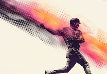 Baseball player dynamic pose artistic halftone effect white background - Sports poster and promotion template