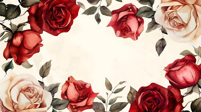 Handpainted watercolor border frame template mockup with blooming flowers roses and leaves. Generative Ai