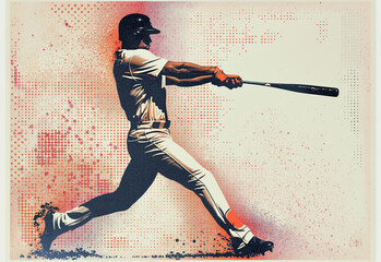 Retro-Styled Baseball Player Completing a Powerful Bat Swing, Set Against a Radiant Dot Matrix Background, Inspiring Vintage Aesthetics and Timeless Sportsmanship