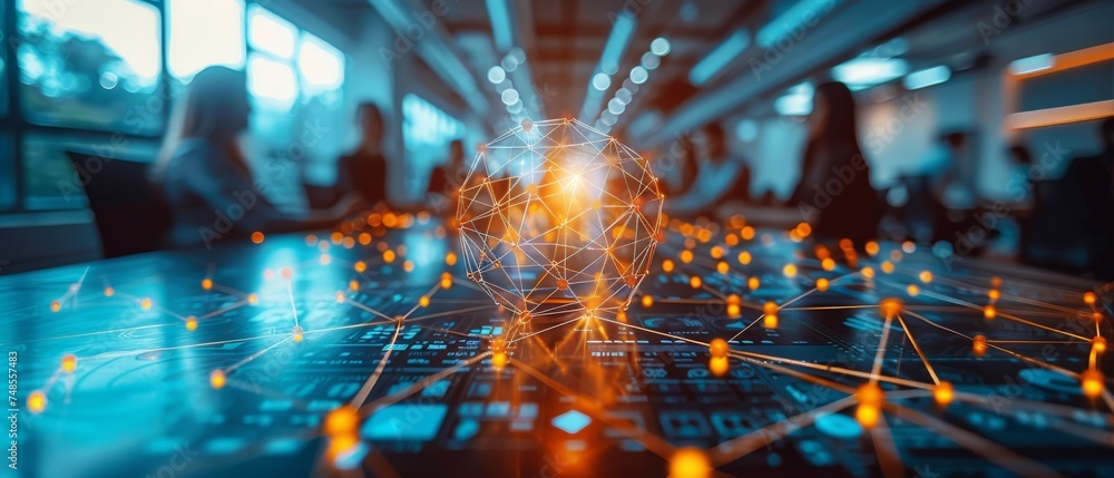 Poster concept of digital diagram, graph interfaces, virtual screen, connections icon on blurred background