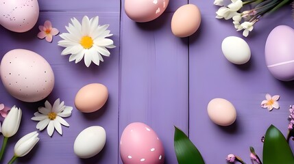 Easter Eggs And Flowers Arranged On a Purple Wooden Background.Generative AI