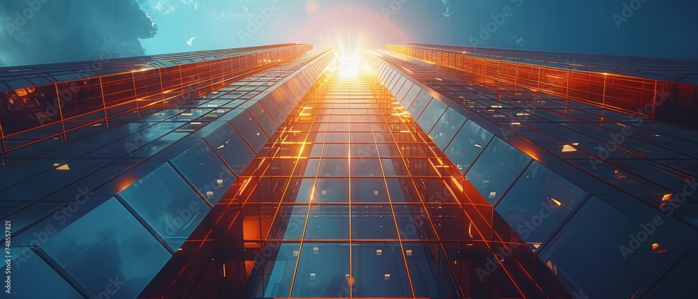 Poster an image of a high rise glass building with a dark steel window system on a clear blue sky backgroun