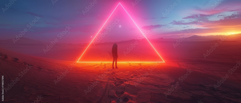 Aufkleber Modern futuristic neon abstract background. Large triangle glowing purple object in the center of sand dune. Dark landscape with neon star gate.