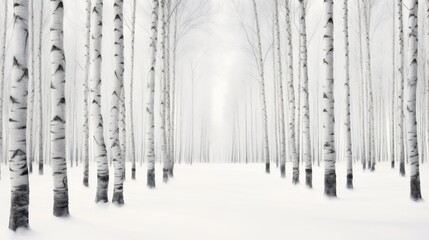 a black and white photo of a grove of trees with snow on the ground and a foggy sky in the background.