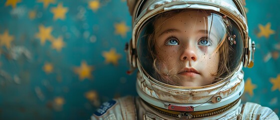 A funny kid in an astronaut costume plays and dreams of becoming a spaceman with blue walls and yellow stars as a background. - obrazy, fototapety, plakaty
