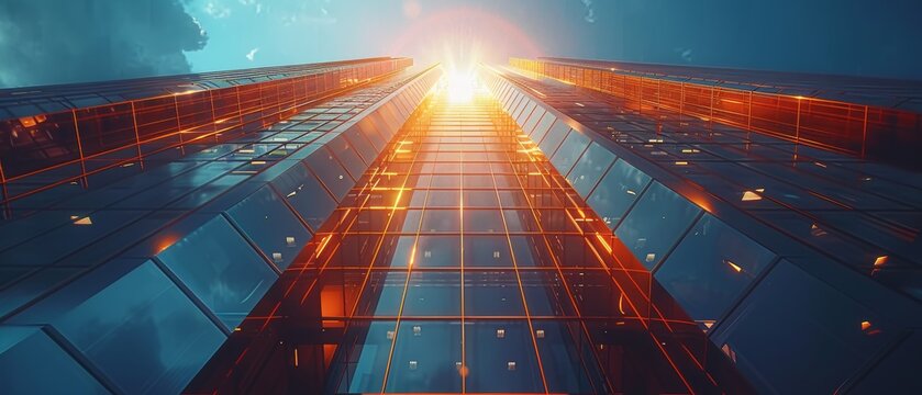 An image of a high rise glass building with a dark steel window system on a clear blue sky background, a business concept of future architecture, depicting the sunlight streaming through the top of a