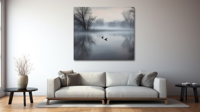 a living room with a white couch and a painting of a bird flying over a lake on a foggy day.