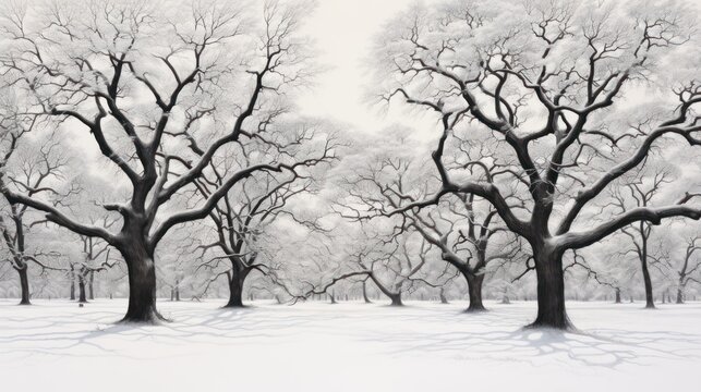 a black and white photo of a snow covered park with trees in the foreground and snow on the ground.