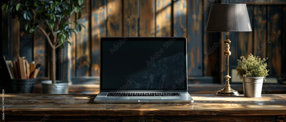 Aufkleber an illustration showing a close-up of a businessman's hand on a laptop computer on a wooden desk wit