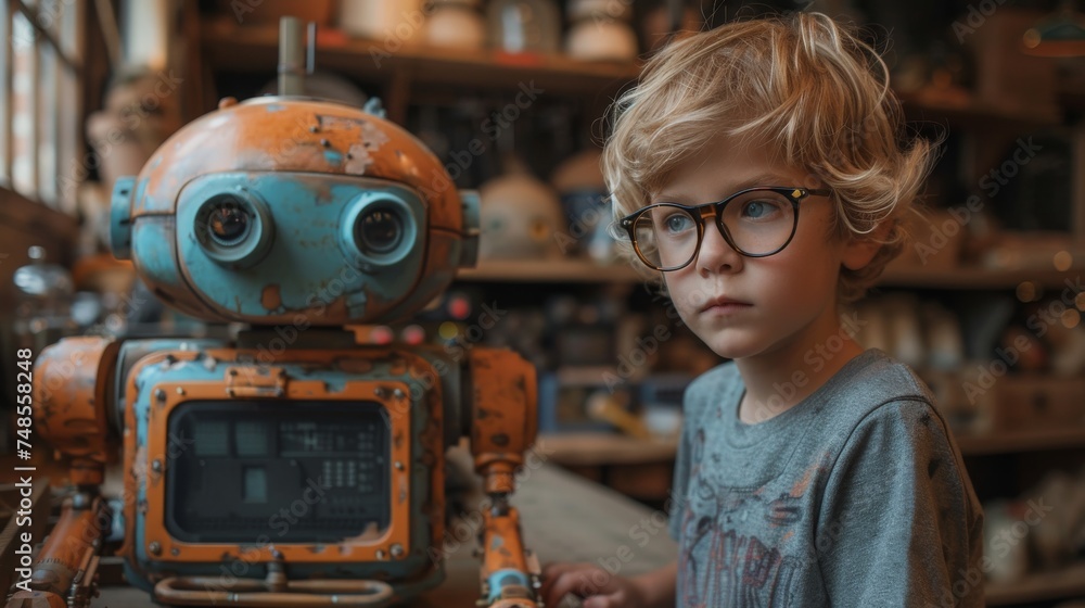 Fototapete In front of a small nerd holding a robot, a boy wearing gray clothing and glasses sits at a table with a robot that he made.