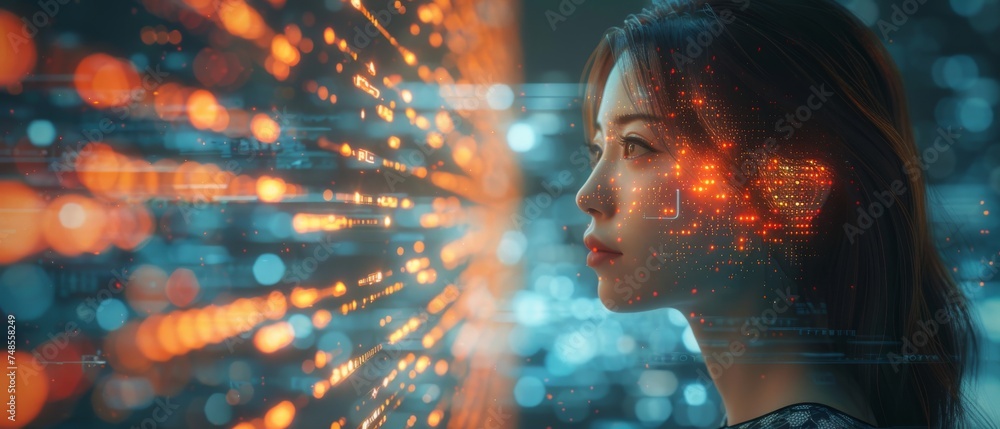 Poster woman surfing the internet on a modern computer on a futuristic metaverse, innovative technology bac