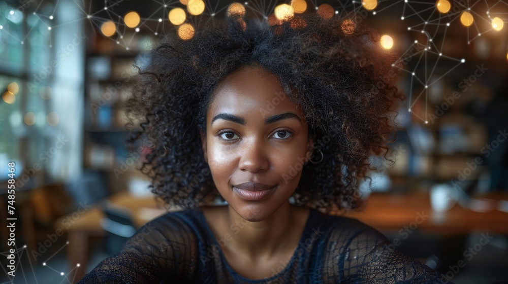 Leinwandbilder A black woman working in an office and communication network concept. ICT (Information Communication Technology). Cloud computing. System engineering.