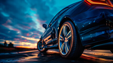Back view of dark blue car. Close up LED Tail Lights of a car. - obrazy, fototapety, plakaty