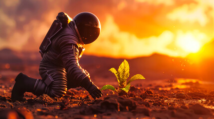 Astronaut planting a green plant on the alien planet. Concept of world environment day planting forest, nature, and ecology.