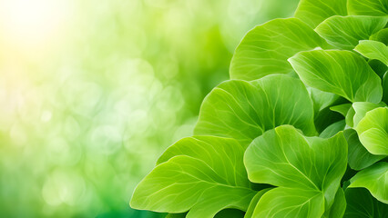 Natural Green Sanctuary: Background Design Featuring Lush Green Plants, Evoking a Vibrant and Eco-Friendly Sensation. Perfect for Showcasing Natural Products. 16:9 Background with Space for Text.