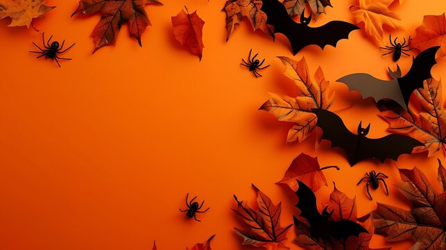 Happy Halloween concept. Scary bats silhouettes, pumpkins, spiders, fallen leaves on orange background. Generative Ai