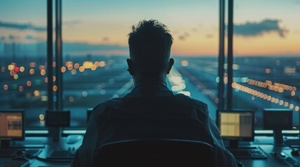 A technician is monitoring a plane's flight route at the airport