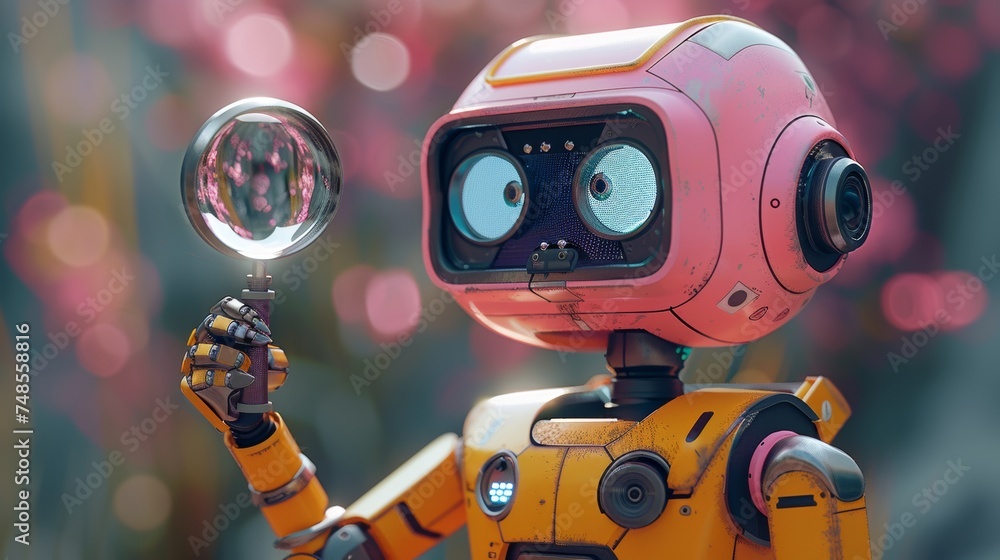 Aufkleber 3d design of a robot looking out of a corner poster holding a magnifying glass, pointing to a banner