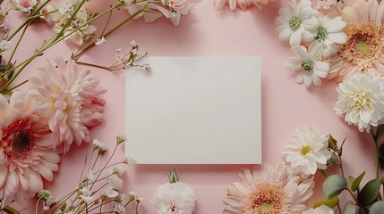 Holiday greeting card mockup with flowers on light pink background, top view, flat lay. White wedding invitation card mockup and floral decor. Generative Ai
