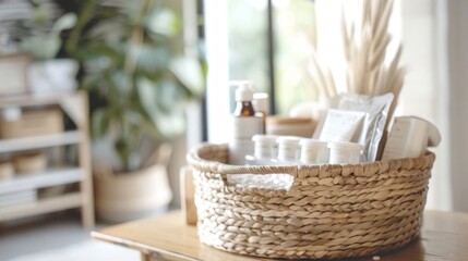 Fototapeta na wymiar Spa and wellness products in a rustic basket on a minimalist wooden table.