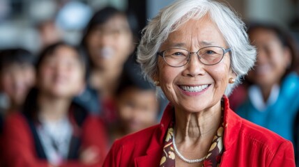 An elderly woman wearing glasses and a red jacket stands with a radiant smile