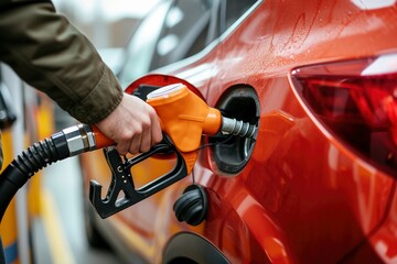 Gas station pump filling up a car's tank with a nozzle Generative ai