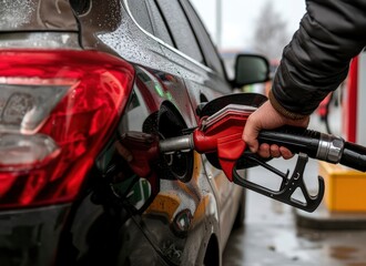 Gas station pump filling up a car's tank with a nozzle Generative ai