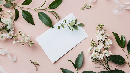 Holiday greeting card mockup with flowers on light pink background, top view, flat lay. White wedding invitation card mockup and floral decor. Generative Ai - obrazy, fototapety, plakaty