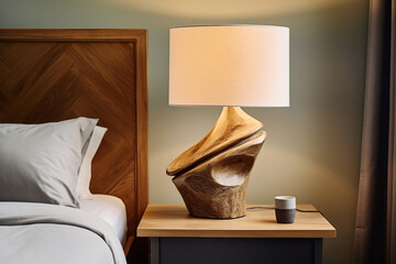 Obrazy na Plexi  Close up of rustic bedside table lamp near bed with wood headboard. French country, farmhouse, provence interior design of modern bedroom.
