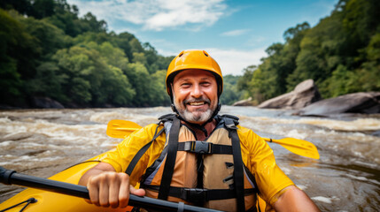 A happy smiling Caucasian middle-aged man floating in a yellow kayak on the river. Tourists, Nature, Travel, Vacations, Sports, Outdoor Activities, Summer concepts.